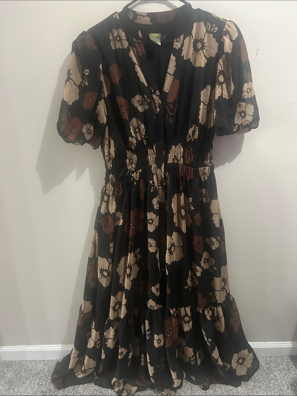 Taylor Black Maxi Dress with Beige and Brown Floral Print 16